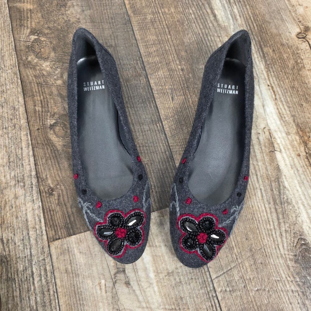 Stuart Weitzman Gray Beaded Floral Ballet Flats Size 8 9Dark Academia Whimsigoth